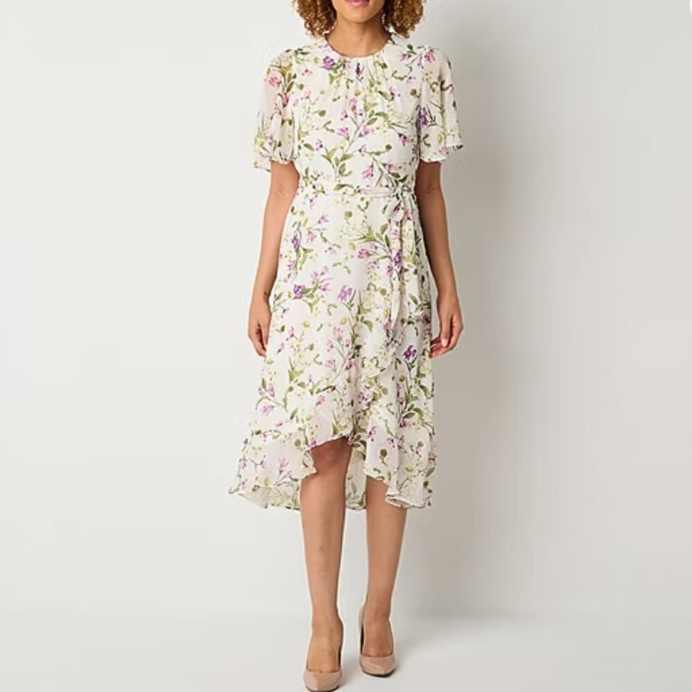 Jessica Howard Womens Short Sleeve Floral Midi Fit + Flare Dress Petite 14P
